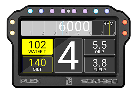 PLEX SDM-330 front view showing racing UI with clear graphics and motorsport-ready layout.