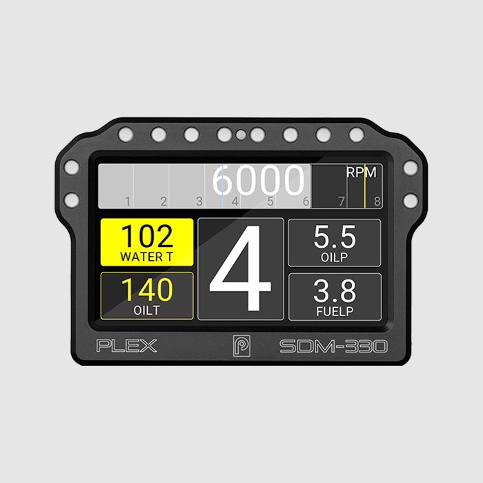 PLEX SDM-330 Dash Display – Front view with a clean UI custom page for racing PLEX SDM-330 front view showing racing UI with clear graphics and motorsport-ready layout.