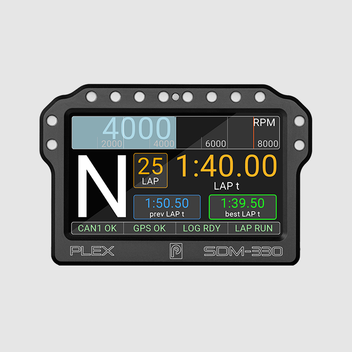 SDM-330-DLG digital dash display showing live lap timing data and lap history with GNSS input.