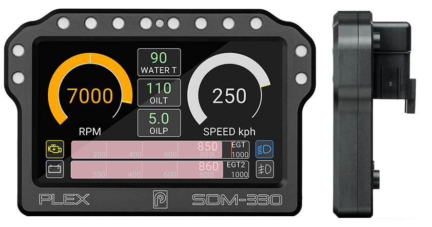 SDM-330 digital dash display front and side views showing UI and compact design features.