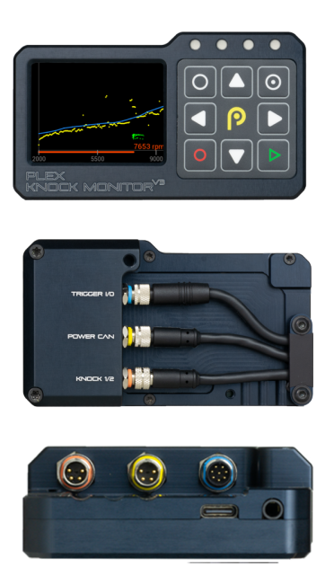 Mobile-optimized stacked image of Knock Monitor V3 showing front, back, and side profiles.