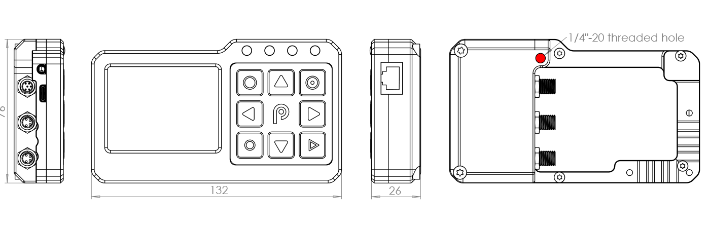 Technical drawing of PLEX Knock Monitor V3 showing front, side, and rear views with dimensions.