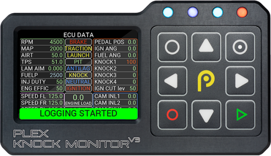 Front view of PLEX Knock Monitor V3 displaying ECU data logging and "Logging Started" message on screen.