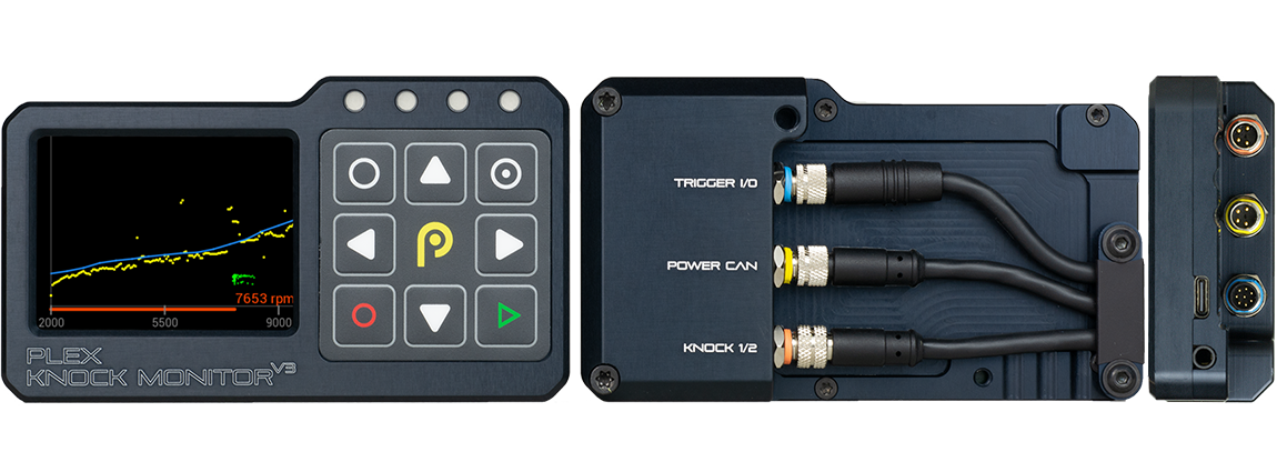 PLEX Knock Monitor V3 side-by-side front, back and side views showing display, keypad interface and connector ports.