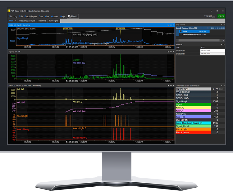 PC monitor displaying PLEX Knock Analysis Software with knock waveform and analysis tools.