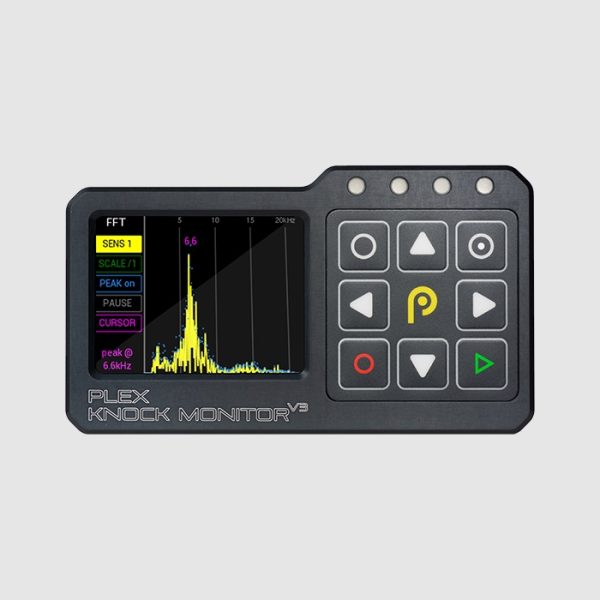 Front angle of the professional, high-fidelity PLEX Knock Monitor V3, displaying a real-time FFT frequency analysis graph.