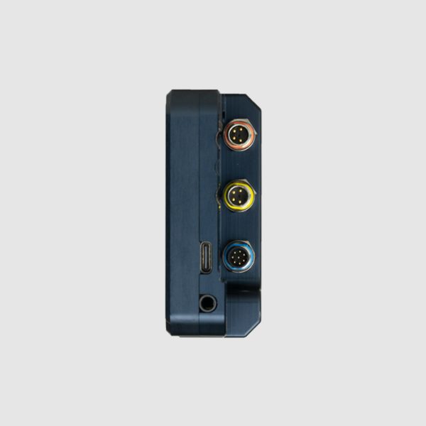 PLEX Knock Monitor V3 side view with visible audio jack, USB-C port, and M8 industrial connectors.