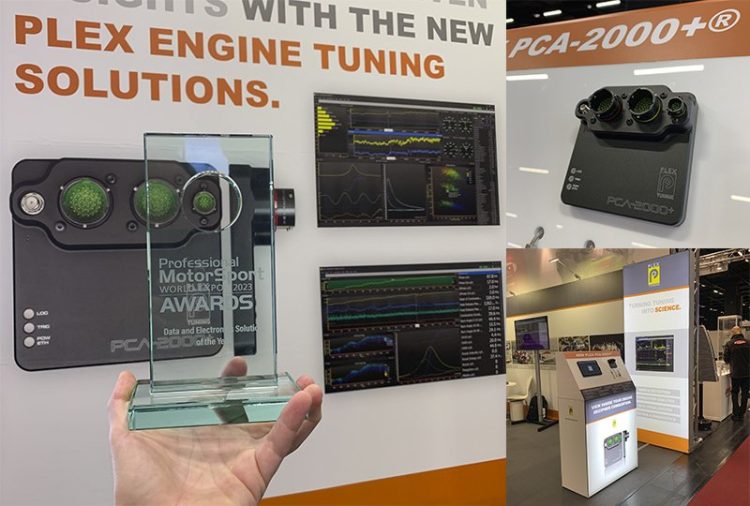 Photo collage showing PCA-2000Plus award, product display, and PMW Expo 2023 event highlights.