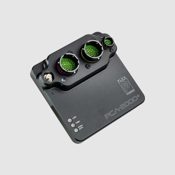 PCA-2000Plus diagonal front view showing connectors, LED indicators, and rugged compact design.