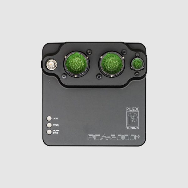 PCA-2000 logger front view showing connectors, status LEDs, and rugged portable design.
