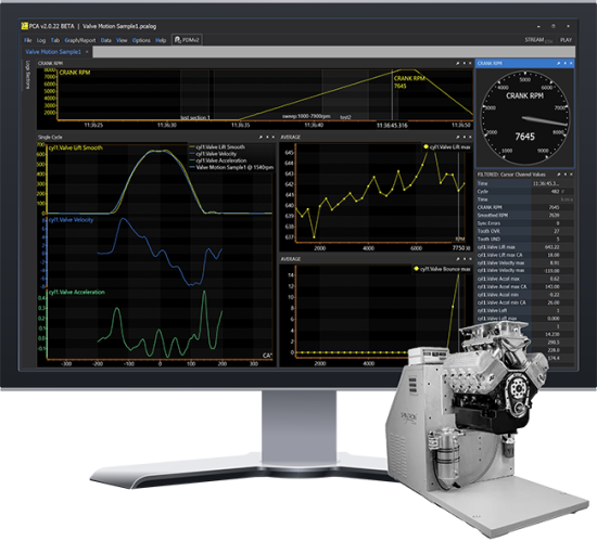 PLEX Spintron valve motion analysis interface with valve lift and velocity data, plus SpinTron machine image.