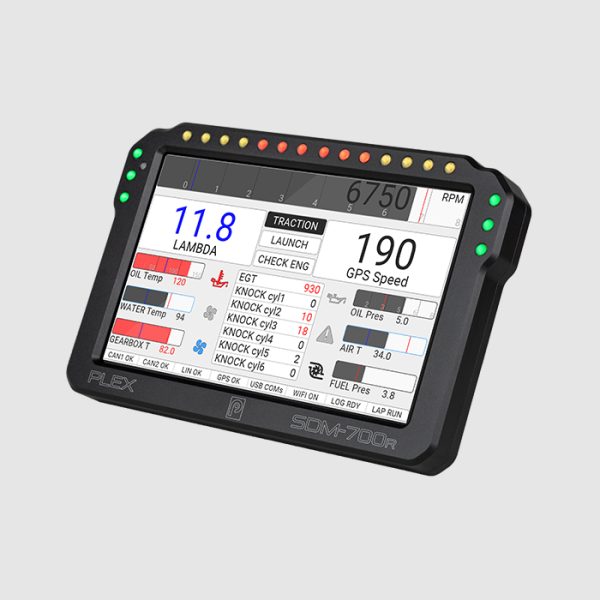 Diagonal right view of the PLEX SDM-700R Dash Display Logger in light color theme, showing a complex page with lambda, gear, GPS speed, launch, tracking, temperatures, cylinder knock data, and status indicators.