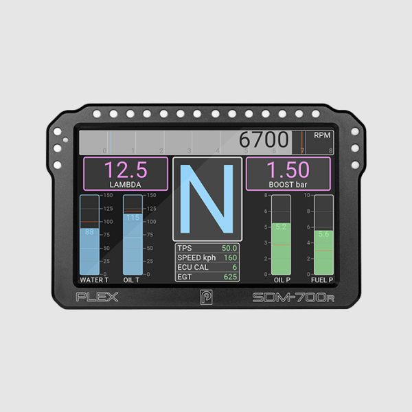 Front view of the PLEX SDM-700R showing large gear indicator, horizontal RPM graph, lambda and boost indicators, and vertical bar graphs on a bright IPS screen.